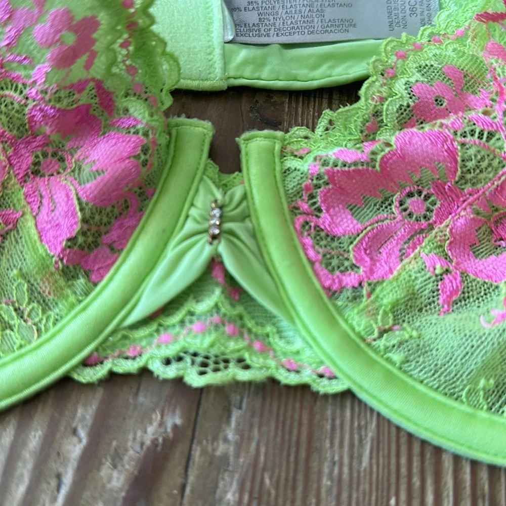 Victoria’s Secret lime green pink unlined Lacey bra 36C